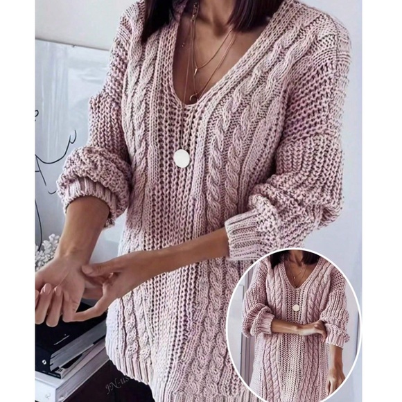 Plus Cozy Solid V neck Chunky Cable knit Loose Fit Sweater top - Picture 3 of 5